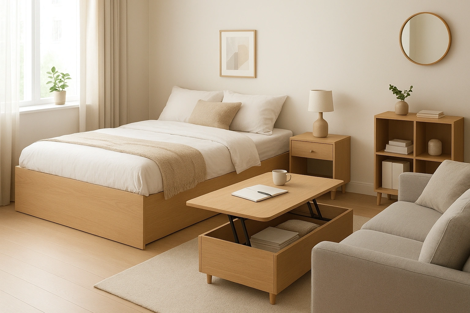 A stylish studio apartment showcasing compact living essentials furniture like a storage bed and a lift-top coffee table.