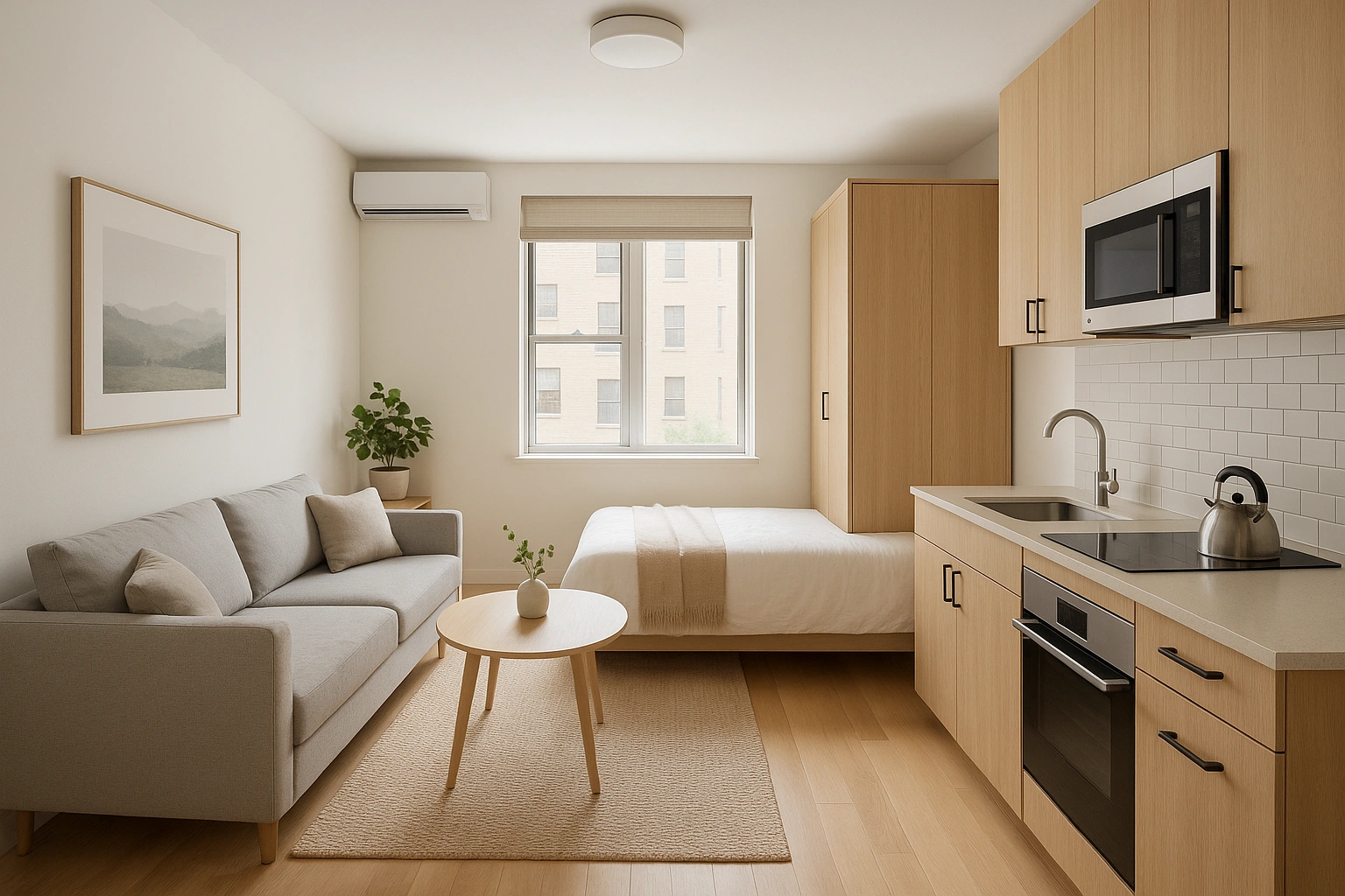 A tiny apartment that has been expertly designed to maximize space, feeling open and organized.
