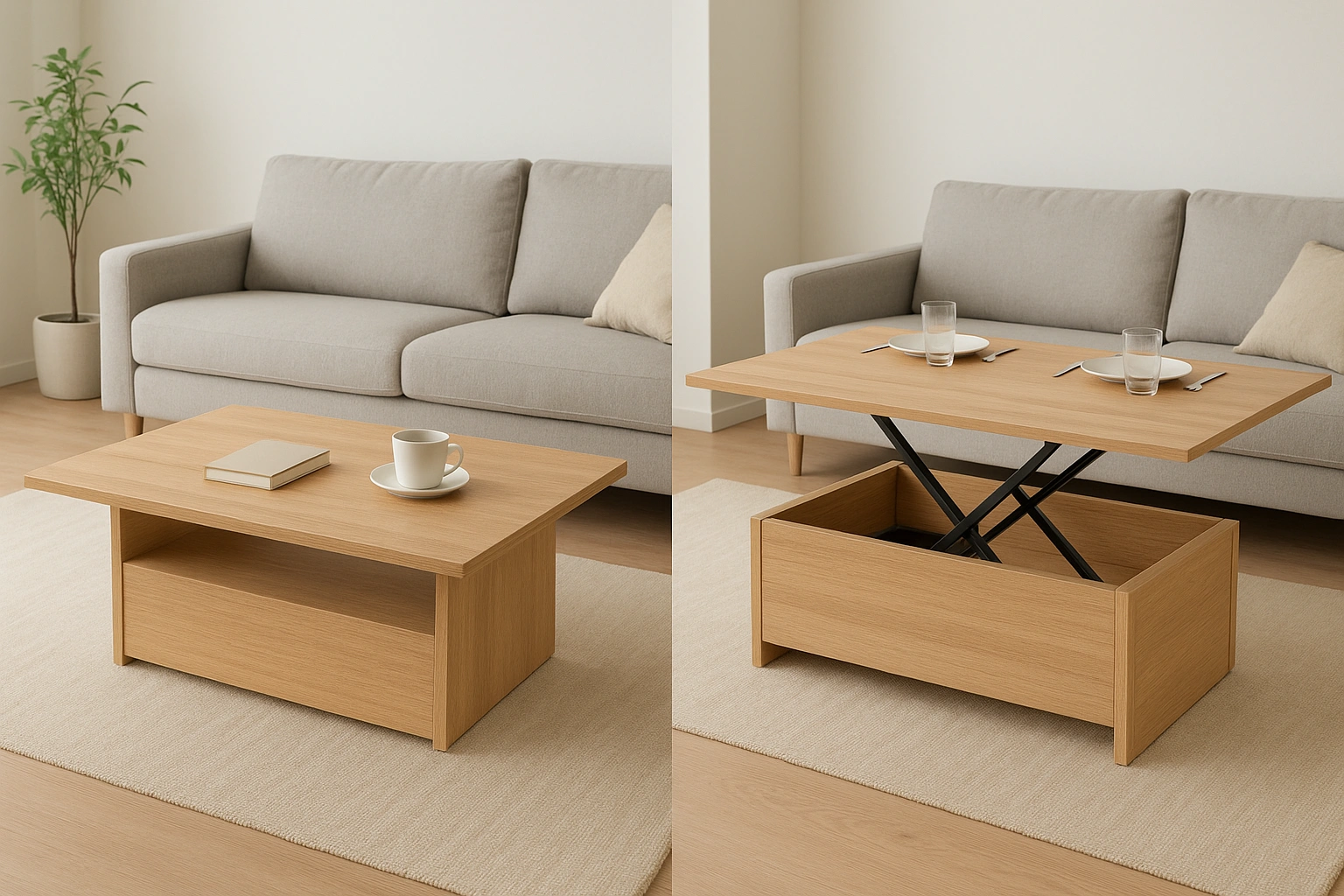 A transforming coffee table shown in both its low and elevated dining positions compact apartment furniture.