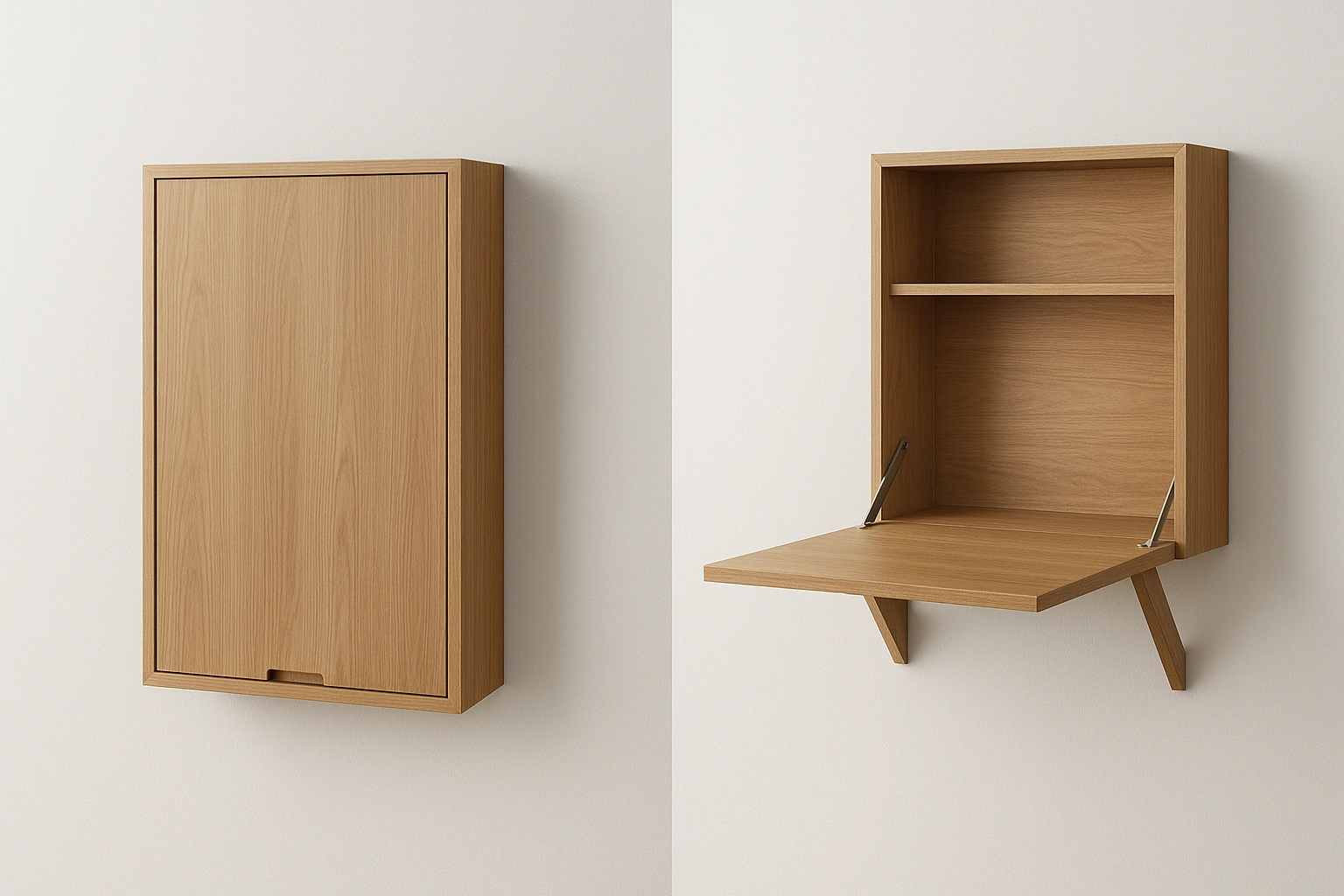 A wall-mounted fold-down desk shown in both its closed cabinet form and open desk form.