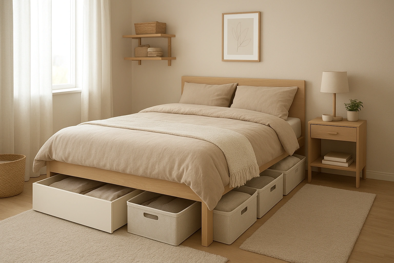 A well-organized small bedroom showcasing various under-bed storage ideas, including drawers and bins.
