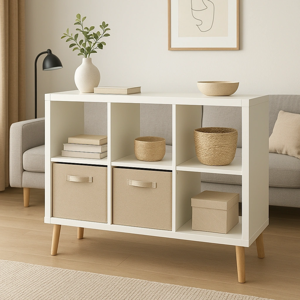 An IKEA KALLAX shelf that has been upgraded with stylish legs and storage bins to serve as a multifunctional room divider.