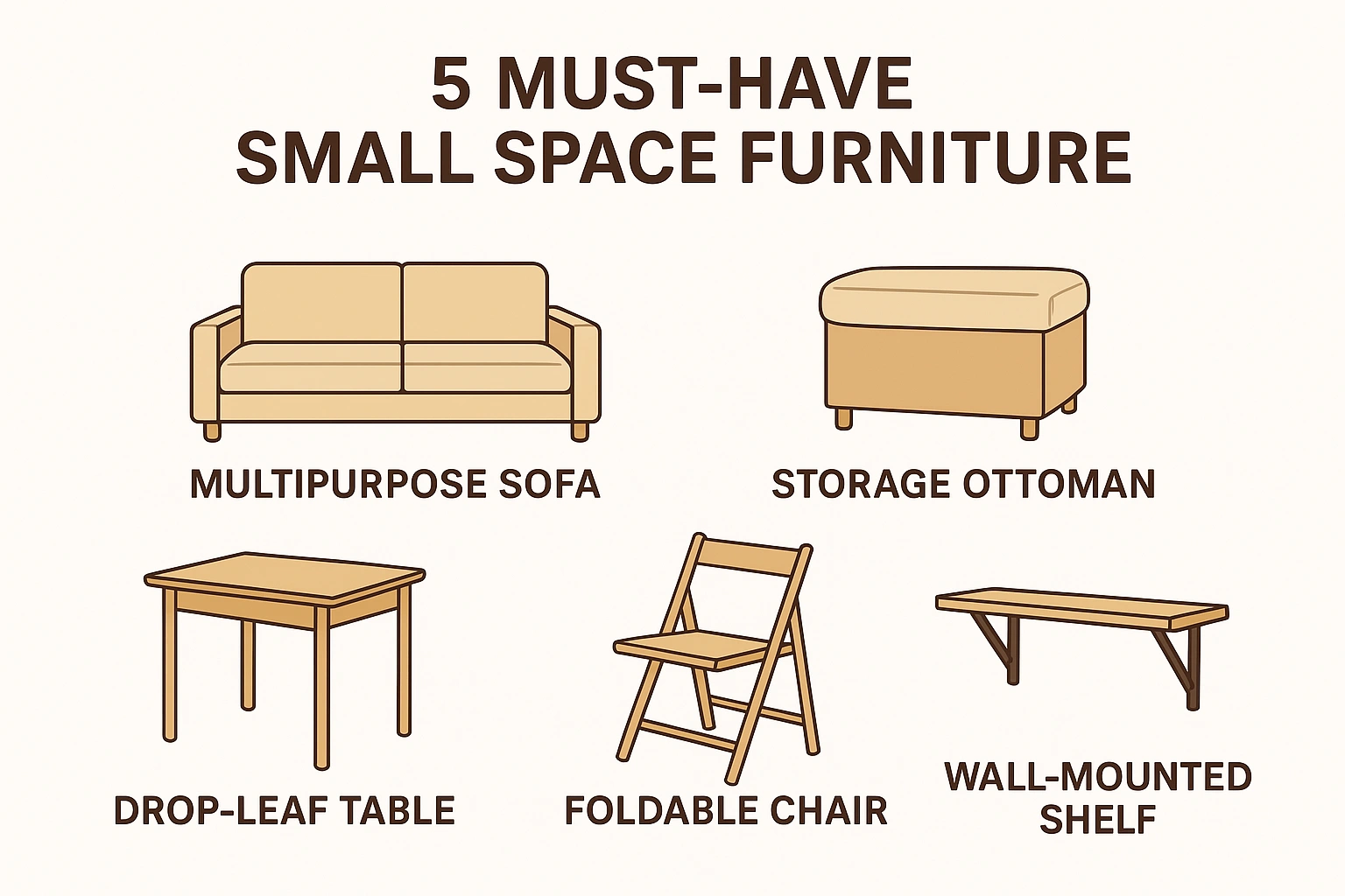 An infographic diagram showing the five must-have small space furniture items.