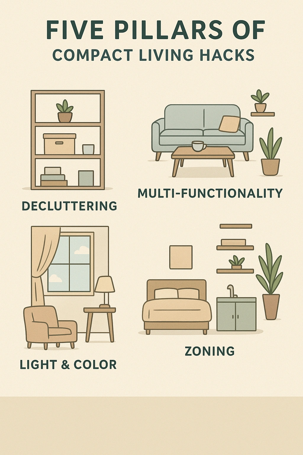 An infographic diagram showing the five pillars of compact living hacks Decluttering, Multi-functionality, Vertical Space, Light & Color, and Zoning.