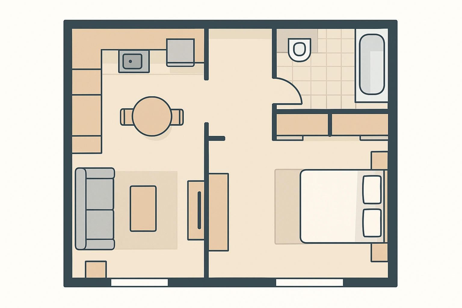 An overhead diagram showing a smart, functional furniture layout for a small apartment.
