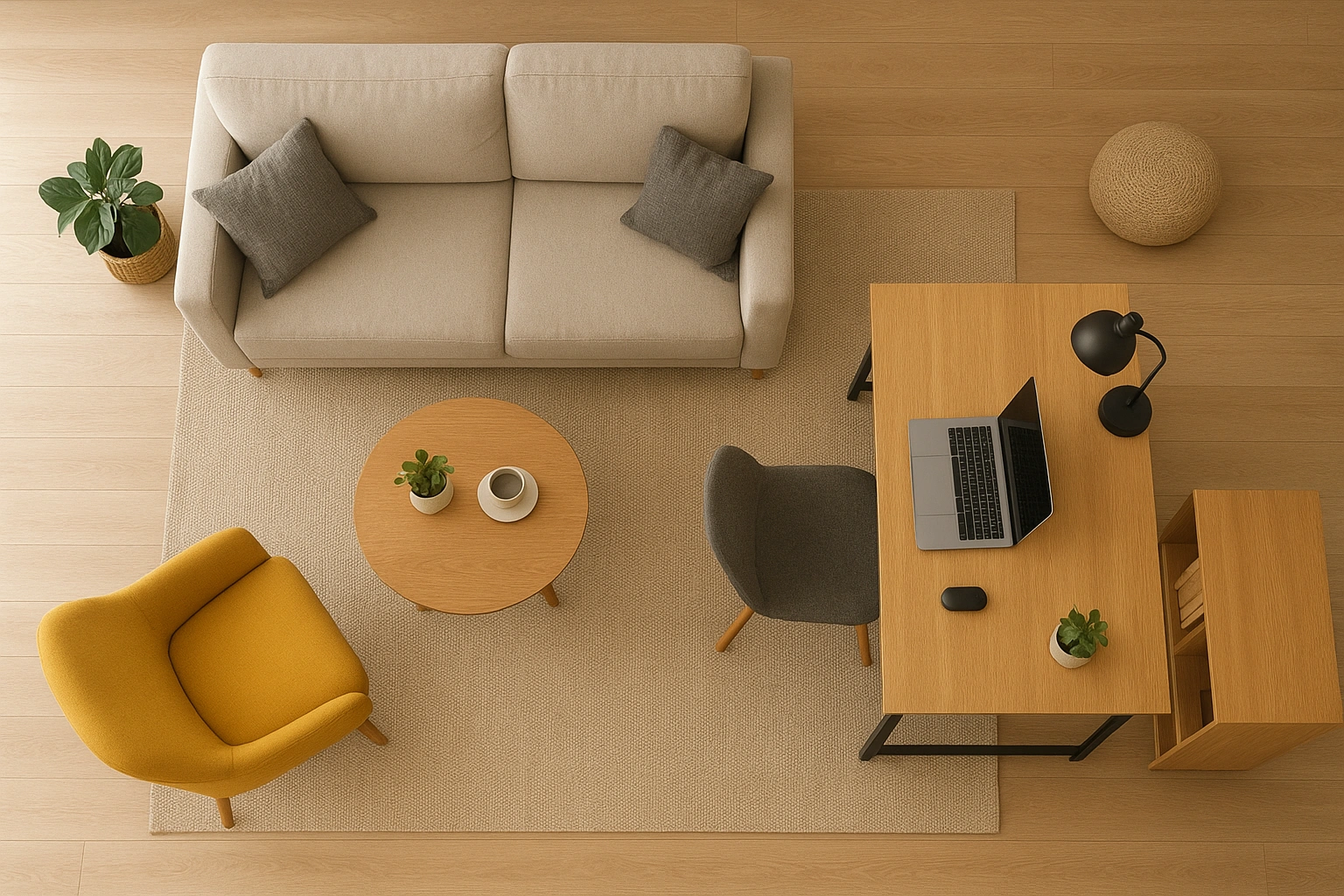 An overhead view of a living room showing how rugs and furniture placement create distinct functional zones.