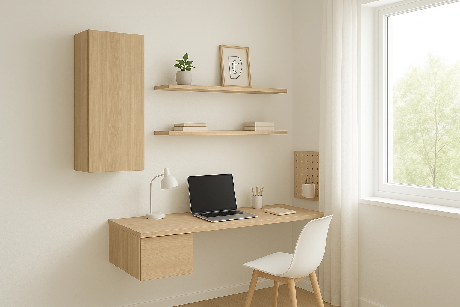 Bright and organized small room with wall-mounted storage units, floating shelves, and a wall-mounted desk, showcasing vertical storage and clutter-free modern interior design.