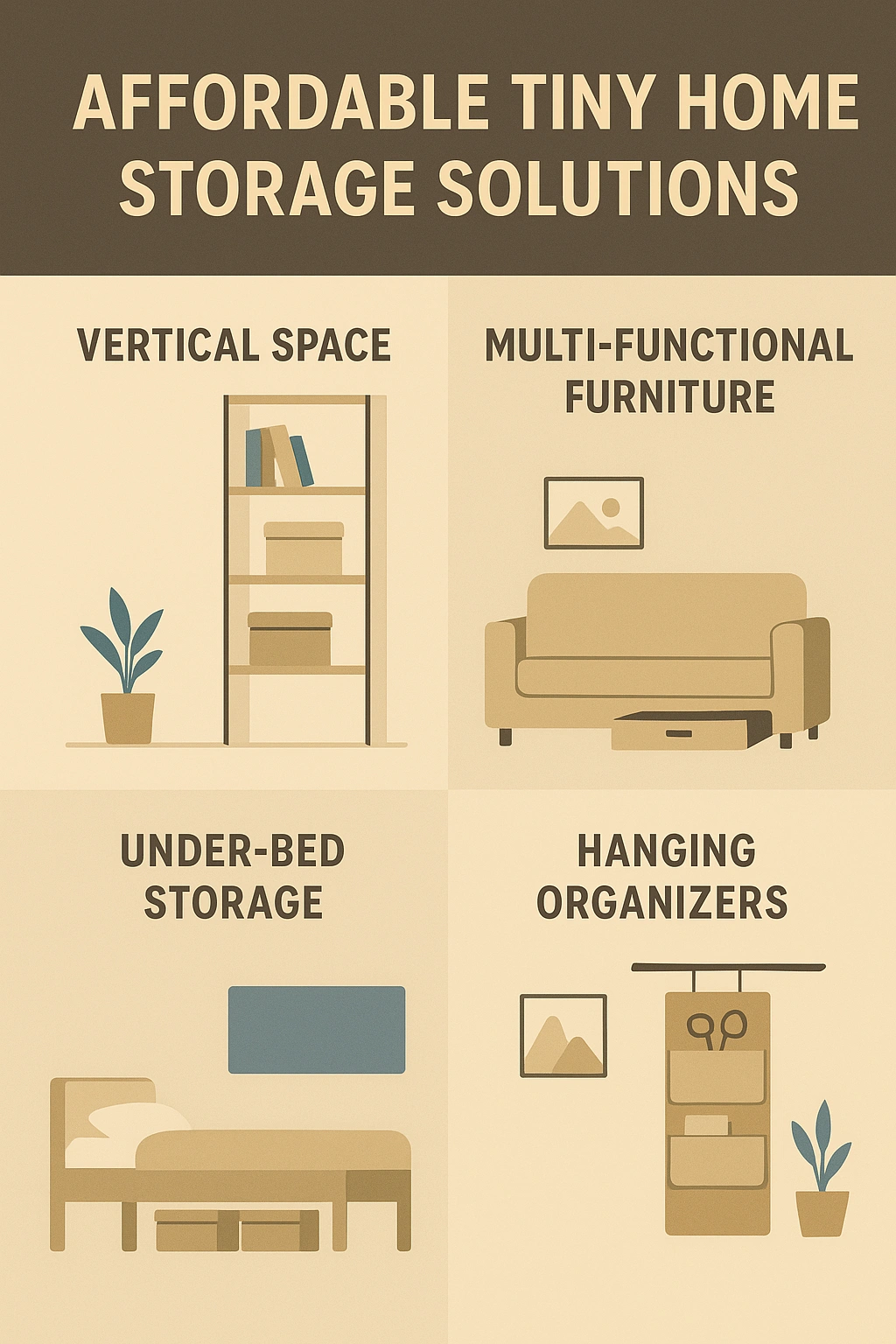 Infographic illustrating core principles of affordable tiny home storage solutions like vertical space and multi-functional furniture.