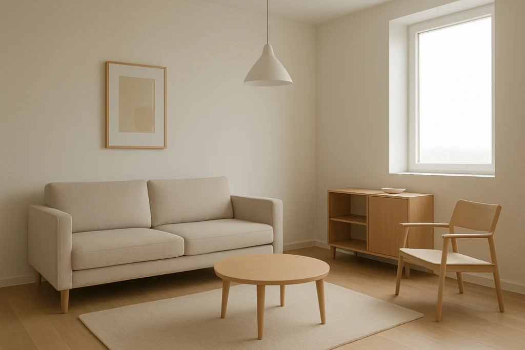 Minimalist living room in a compact home with neutral colors, clean lines, natural light, and simple modern furniture.