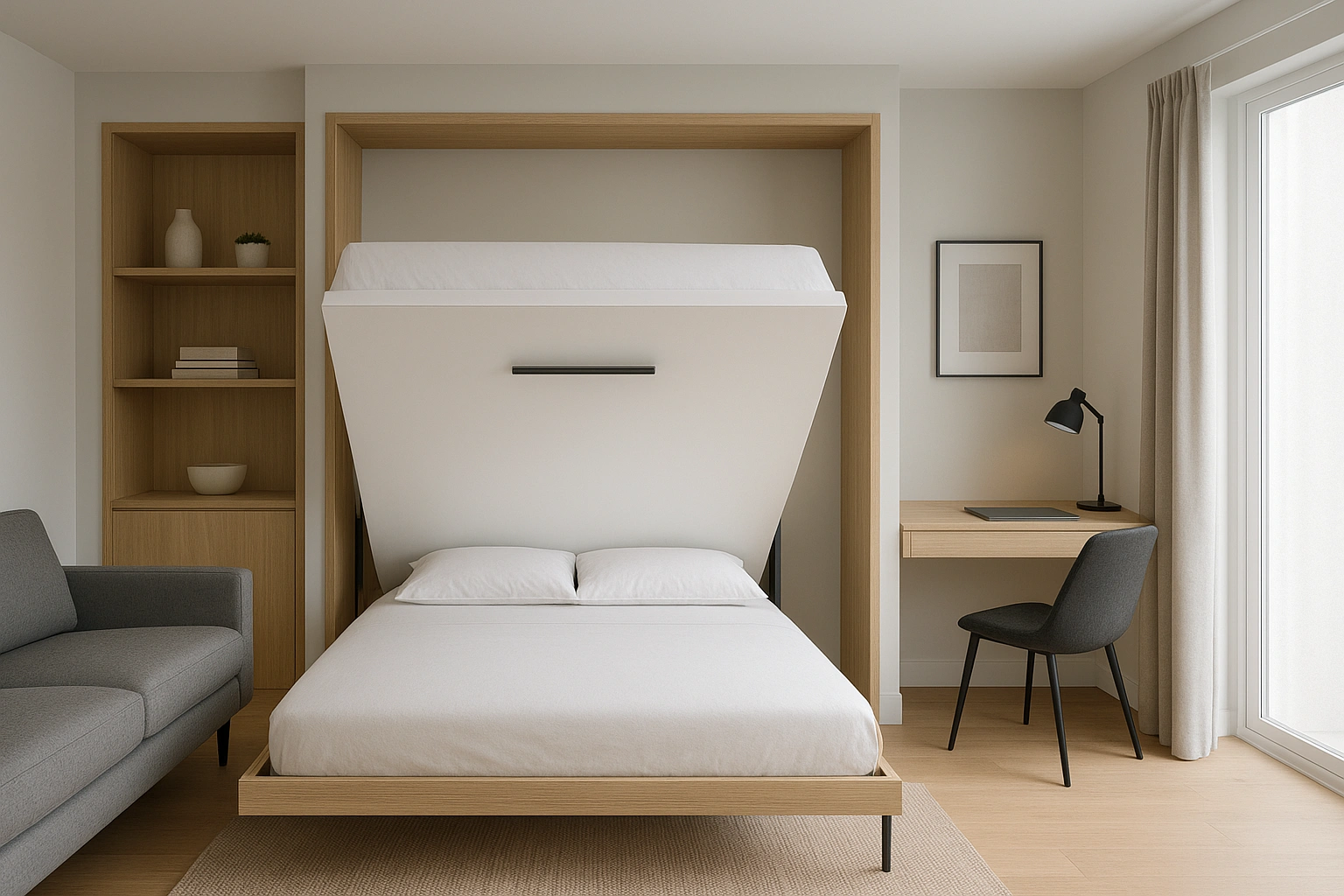 Modern Murphy bed partially folded down over integrated desk in a small apartment, showing multi-functional bedroom and home office with clean, minimalist design.