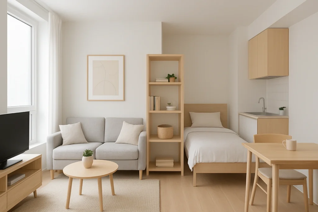 Modern compact studio apartment interior with multi-functional furniture, zoned living areas, and bright minimalist design demonstrating efficient small-space living.
