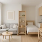 Modern compact studio apartment interior with multi-functional furniture, zoned living areas, and bright minimalist design demonstrating efficient small-space living.