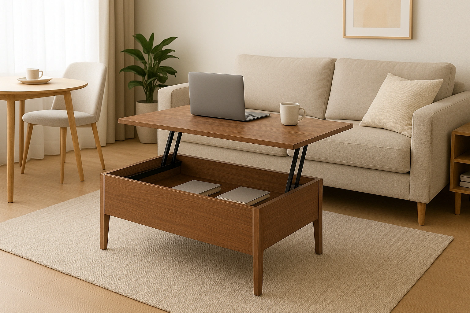 Modern convertible coffee table with lift-top and hidden storage in a stylish small living room, perfect for dining and workspace.