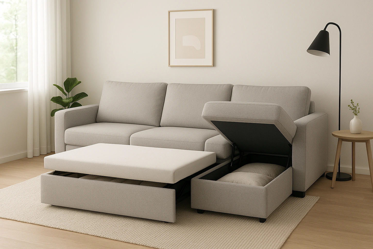 Modern multifunctional sofa in a bright living room with hidden storage and pull-out bed, showcasing versatile and space-saving furniture design.