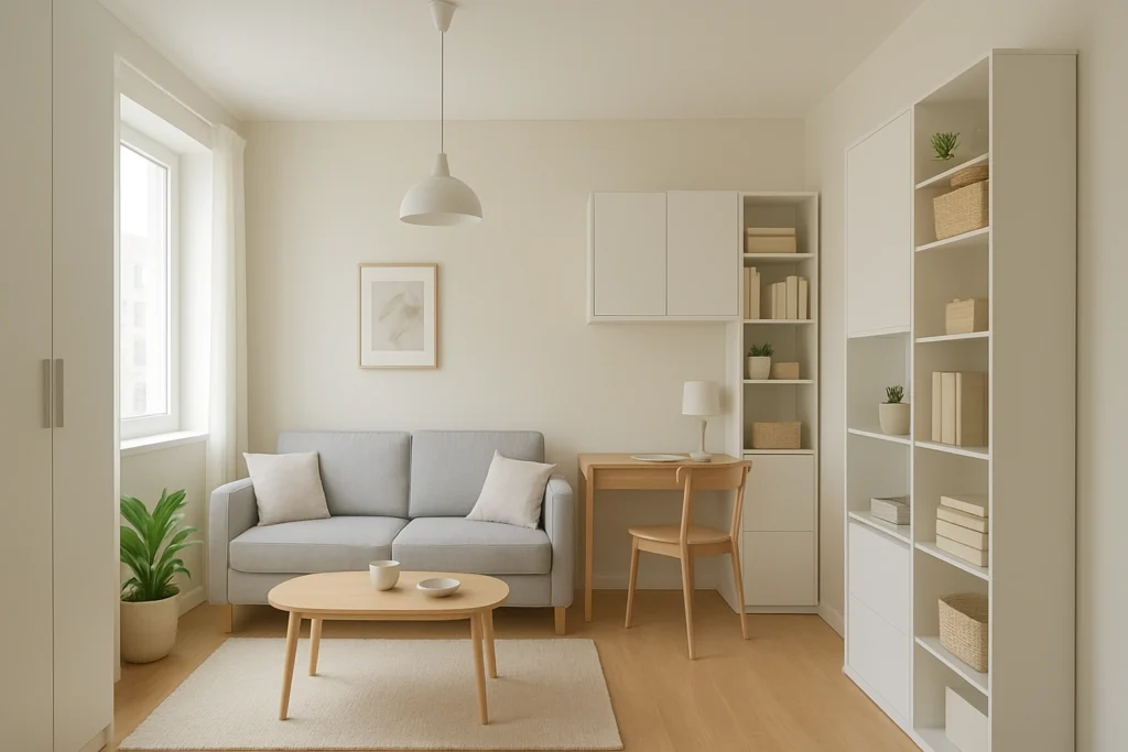 Modern small apartment interior with multi-functional furniture, smart storage solutions, and bright, airy minimalist design demonstrating compact living hacks.