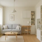 Modern small apartment interior with multi-functional furniture, smart storage solutions, and bright, airy minimalist design demonstrating compact living hacks.