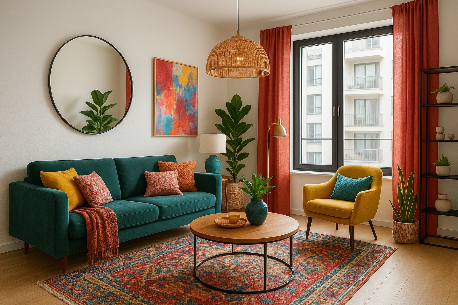 Modern small apartment living room with vibrant décor, layered textures, statement lighting, plants, and mirrors, showcasing creative small apartment décor ideas for a stylish and spacious feel.