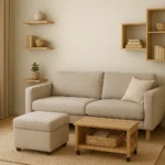 Modern small living room with floating shelves, storage ottoman, rolling crates under the sofa, and a cozy window seat, showcasing DIY storage hacks for maximizing space.