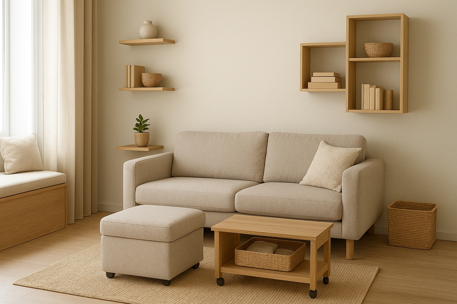 Modern small living room with floating shelves, storage ottoman, rolling crates under the sofa, and a cozy window seat, showcasing DIY storage hacks for maximizing space.