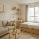 Modern tiny apartment interior showcasing smart compact living tips with multi-functional furniture, floating shelves, under-bed storage, and light decor for a spacious, organized home.