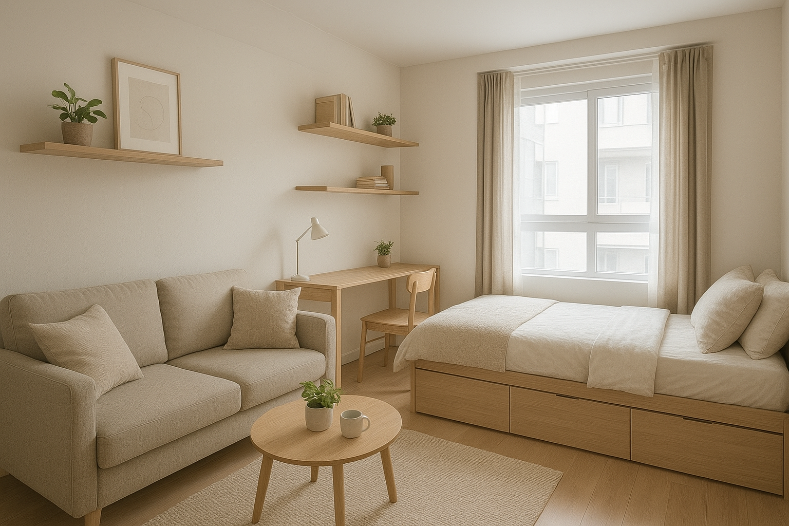 Modern tiny apartment interior showcasing smart compact living tips with multi-functional furniture, floating shelves, under-bed storage, and light decor for a spacious, organized home.