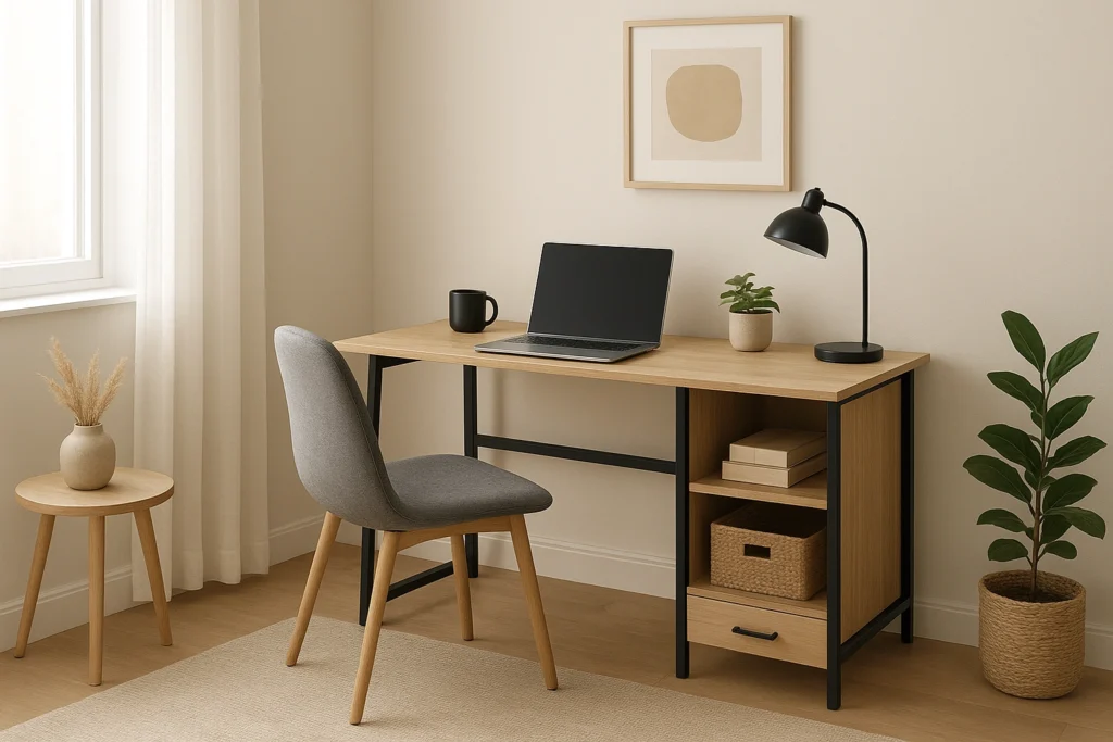 Multifunctional desk in a small modern home office with Scandinavian design, compact shelves, and cozy workspace for remote work 2025