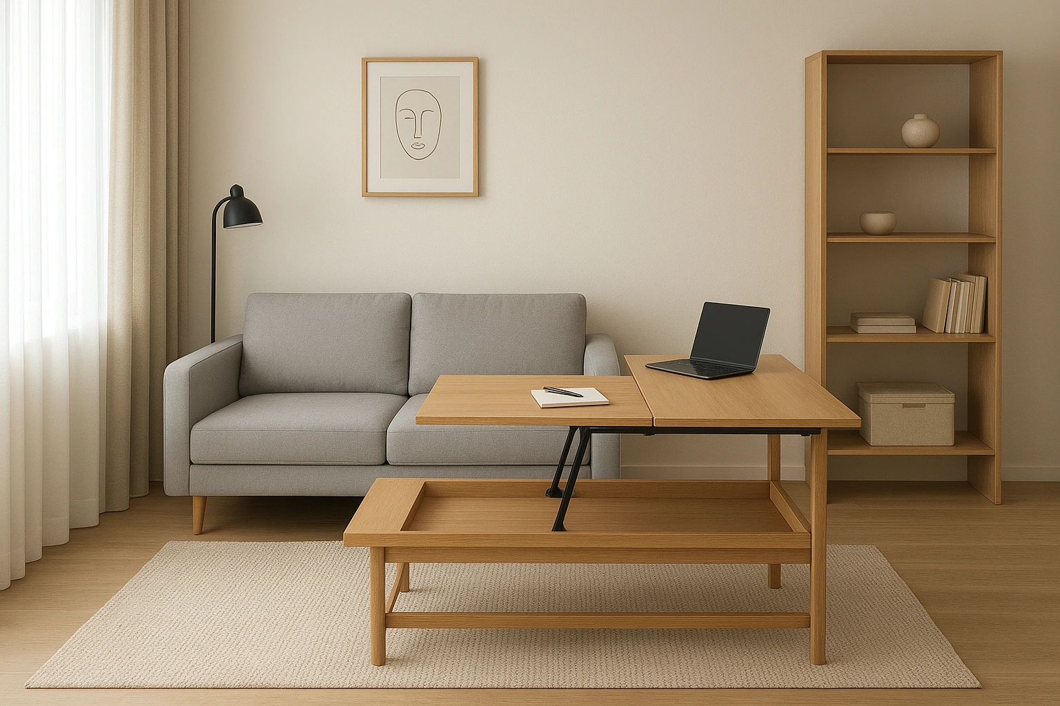 Multifunctional living room with modular sofa, convertible coffee table desk, and open shelving, designed for flexibility and small space living.