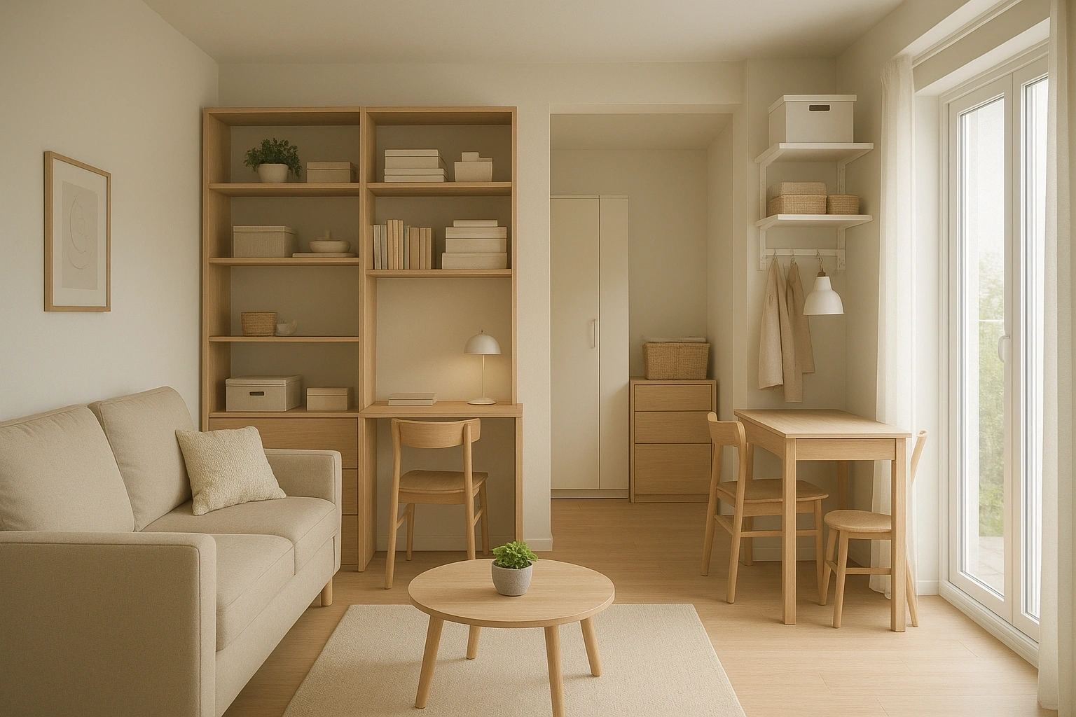 Organized small apartment interior with smart storage solutions, multifunctional furniture, vertical shelves, and clutter-free design for a cozy and functional living space (1)