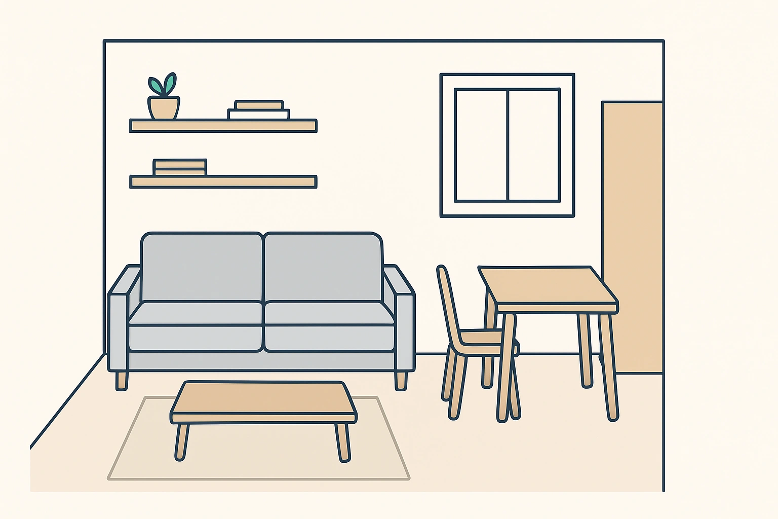 Small apartment furniture layout with multifunctional sofa, compact dining desk, and floating shelves in a bright minimalist living room.