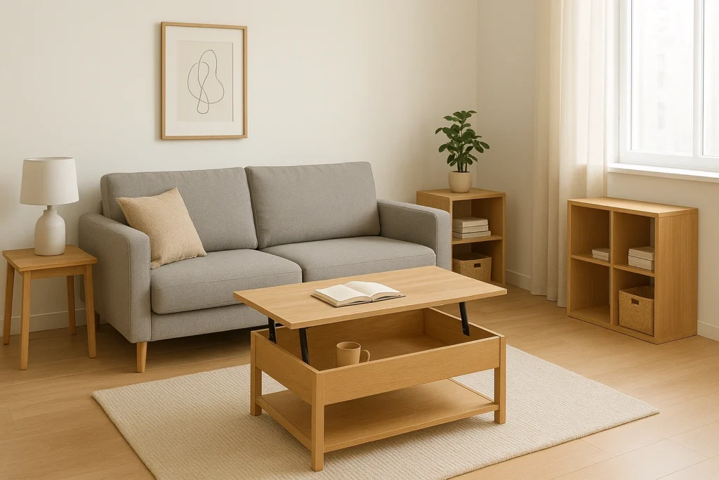 Small apartment living room with budget multifunctional furniture including a convertible sofa bed, lift-top coffee table, and cube shelving for storage in a modern minimalist style.