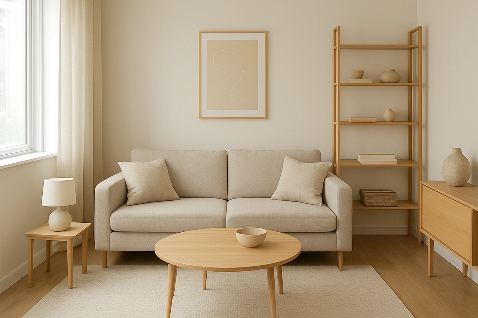 Small apartment living room with multifunctional furniture, soft neutral tones, round coffee table, wall-mounted shelves, and cozy minimalist decor.