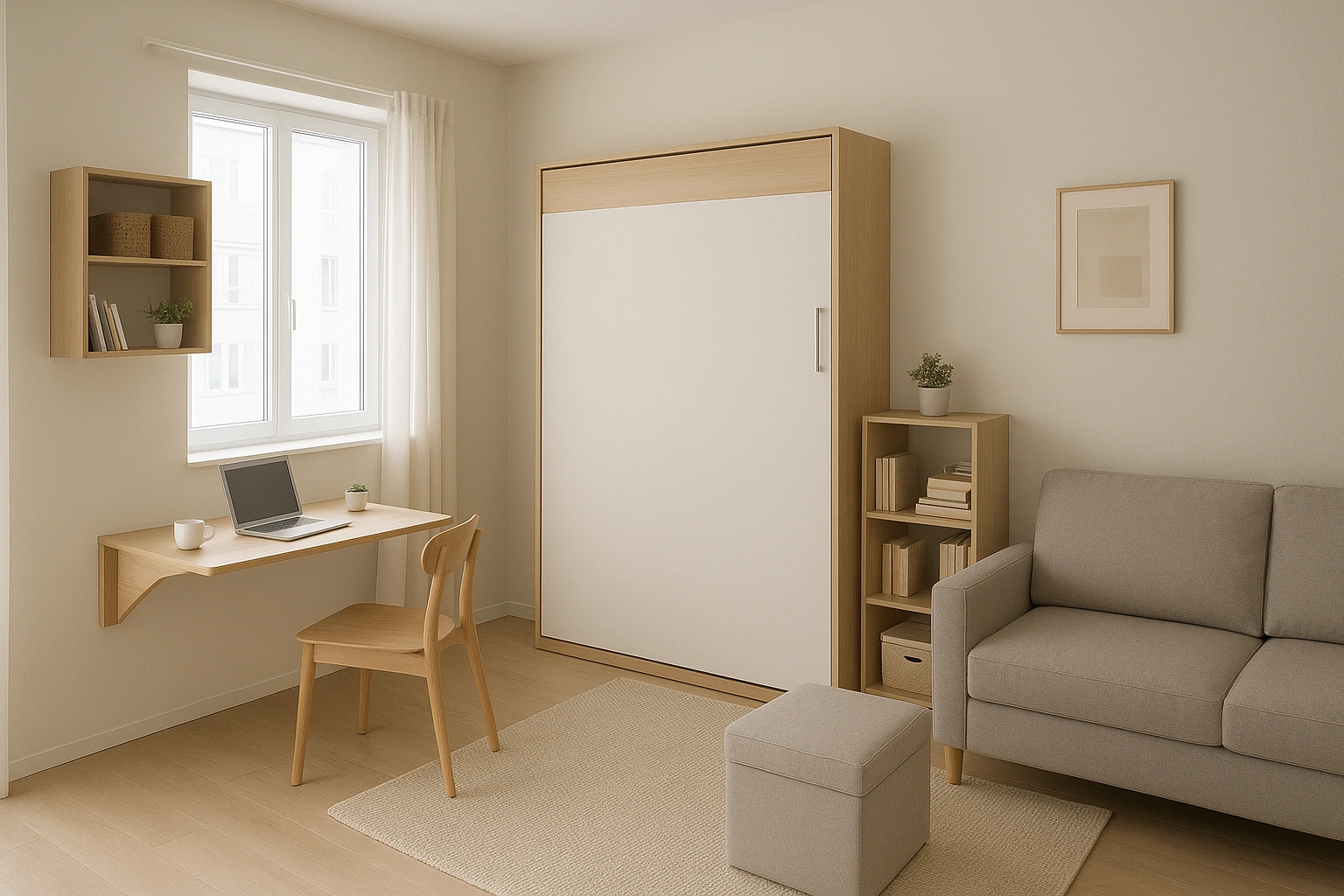 Small apartment with smart space-saving furniture like a Murphy bed, foldable desk, modular shelving, and storage ottoman, bright and organized interior.