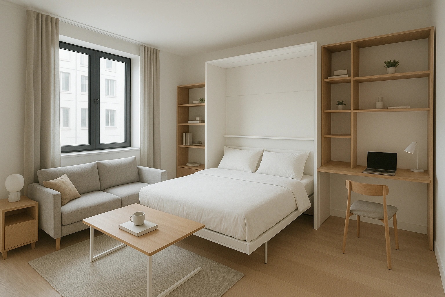 Studio apartment interior with multifunctional furniture for studio apartments including a Murphy bed, modular shelving, and convertible coffee desk in a bright minimalist design.
