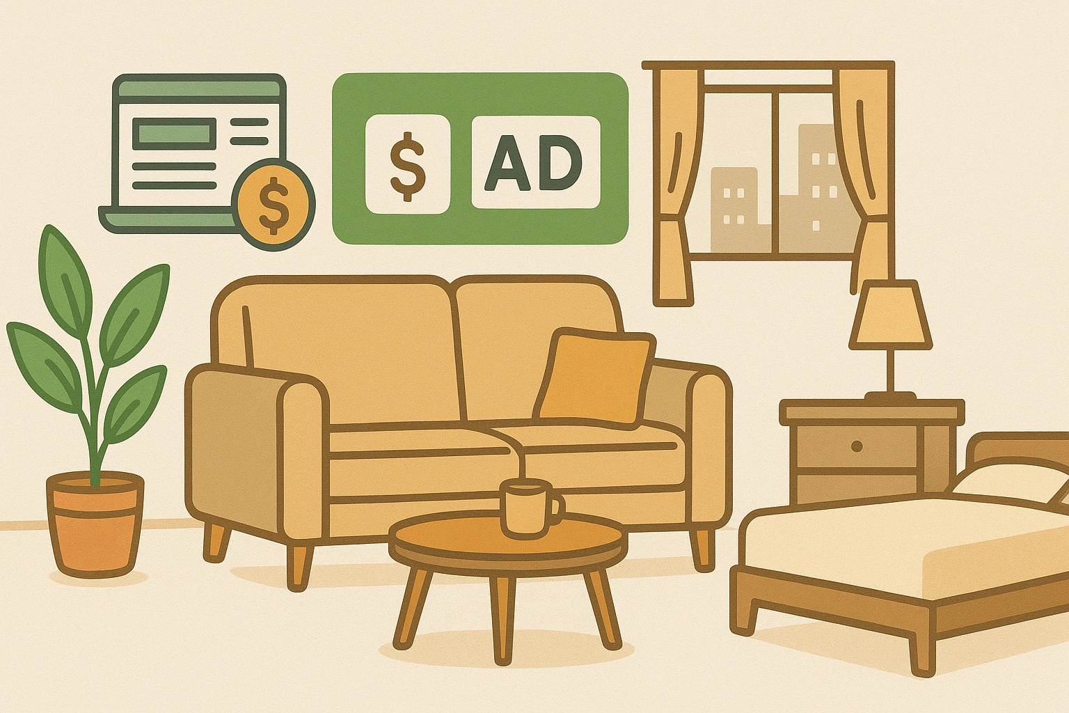 Thumbnail showing a small, stylish apartment with smart furniture and icons representing advertising and affiliate links, symbolizing transparency and trust in content for small-space living.