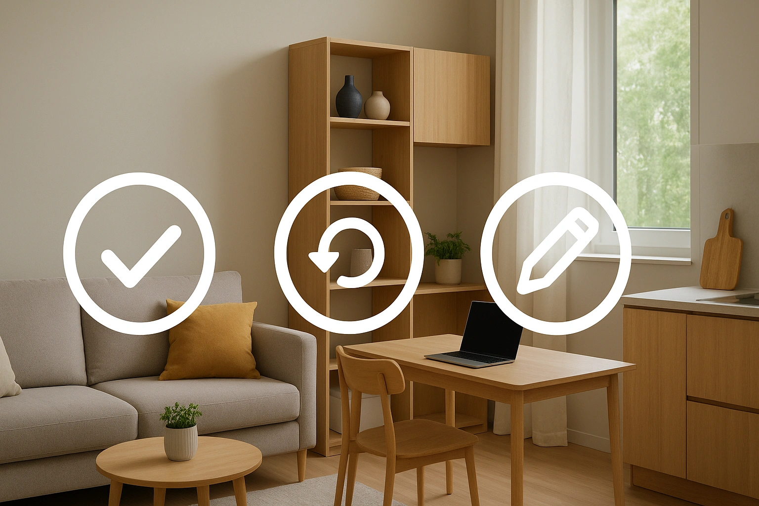 Thumbnail showing a small stylish apartment with smart furniture, overlaid with icons for accuracy, updates, and corrections, symbolizing trust and reliable content for small-space living.