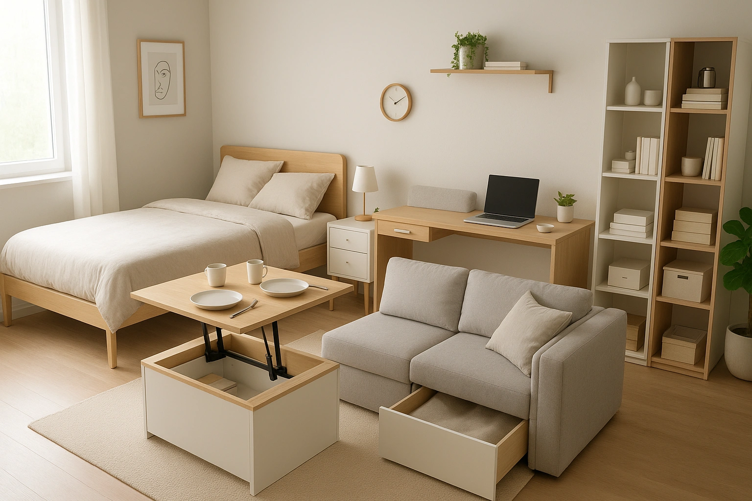 Small stylish apartment with multifunctional furniture: bed converts into desk, lift-top coffee table doubles as dining table, modular sofa with hidden storage, bright and organized interior.