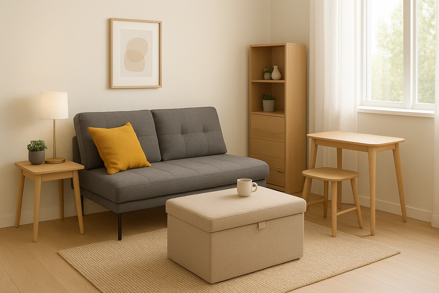 Cozy small living room featuring affordable space-saving furniture: storage ottoman, nesting tables, and foldable futon, bright and organized interior showing smart, budget-friendly furniture solutions for small homes