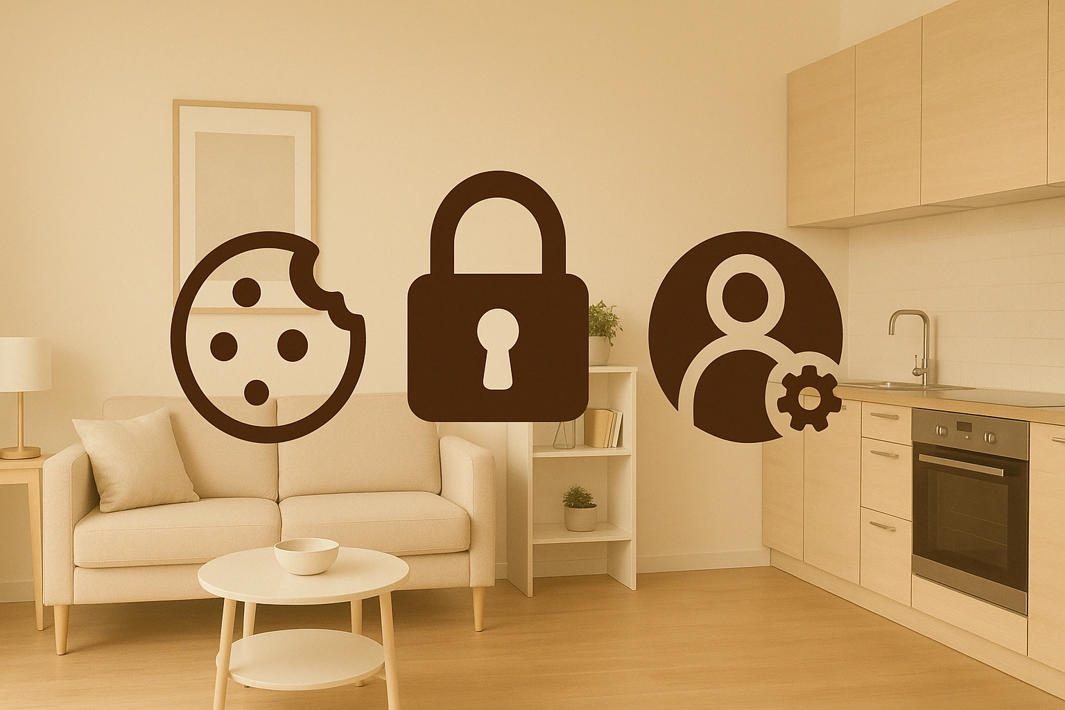 Thumbnail showing a small apartment with smart furniture and digital icons representing cookies, privacy, and user settings, illustrating a trustworthy and user-friendly cookie policy for small-space living.