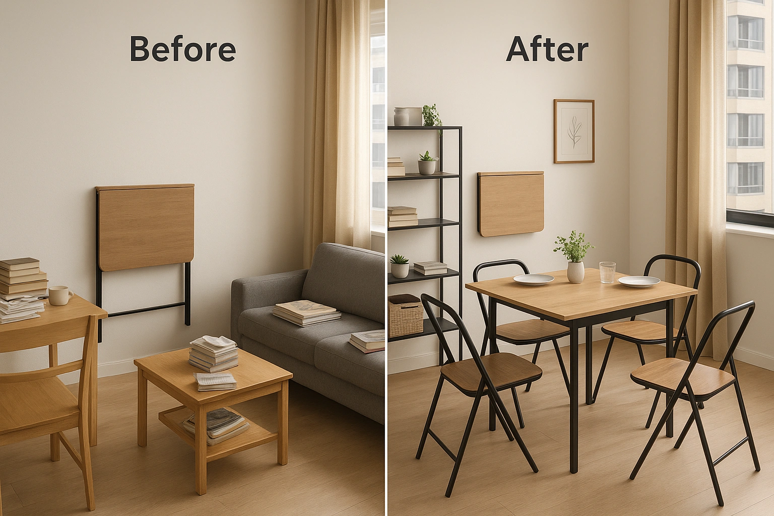 Small apartment with modern foldable space-saving furniture, including a wall-mounted fold-down desk, foldable table, and folding chairs, showing how the space transforms from cluttered to open and organized.