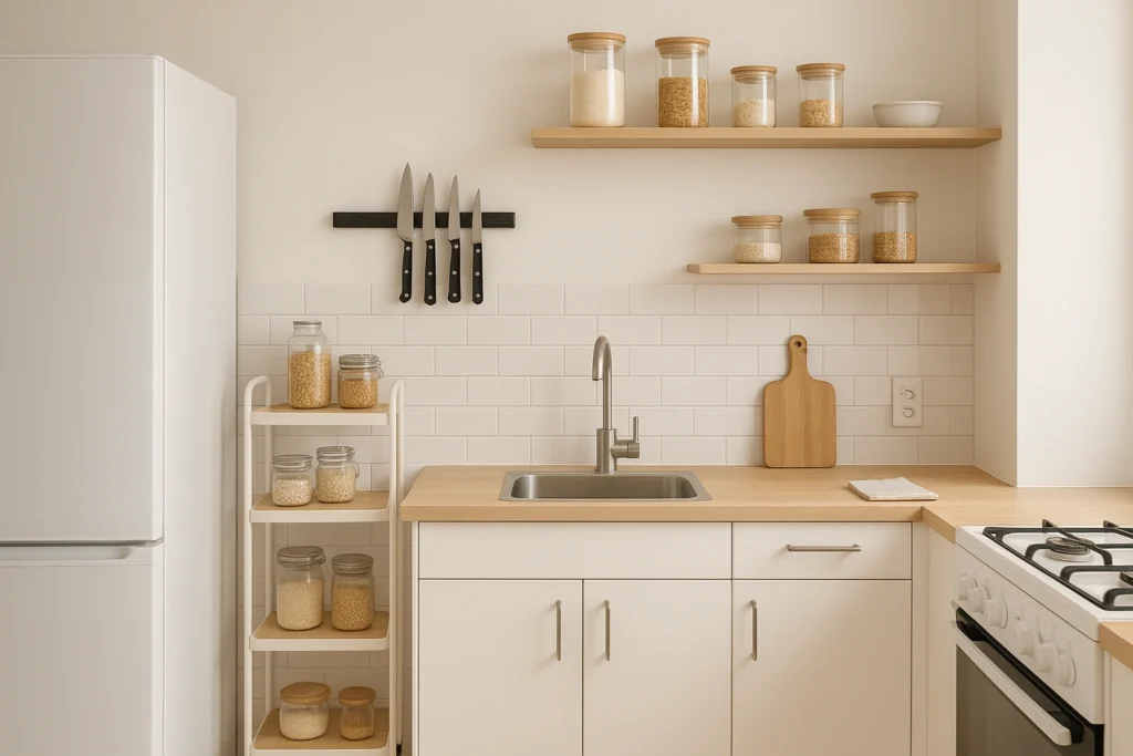 Organized small kitchen with smart storage solutions including rolling pantry cart, wall-mounted magnetic knife rack, and clear containers on shelves, showcasing clutter-free countertops and efficient use of space.