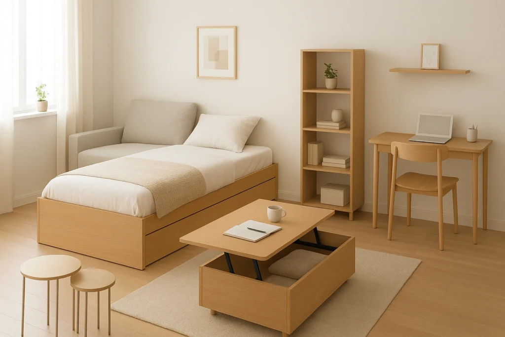 Compact living essentials furniture in a small, bright apartment, including lift-top coffee table, storage bed, open-backed bookshelf, nesting tables, and wall-mounted desk, arranged for functional and stylish space-saving.