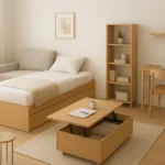 Compact living essentials furniture in a small, bright apartment, including lift-top coffee table, storage bed, open-backed bookshelf, nesting tables, and wall-mounted desk, arranged for functional and stylish space-saving.