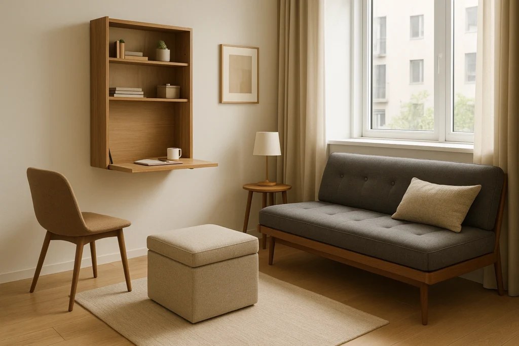 Modern small apartment showcasing stylish and functional furniture, including a storage ottoman, fold-away desk, and mid-century daybed, perfectly balancing function and style in a compact living space.