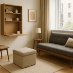 Modern small apartment showcasing stylish and functional furniture, including a storage ottoman, fold-away desk, and mid-century daybed, perfectly balancing function and style in a compact living space.